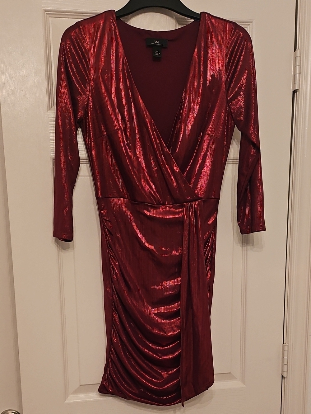 I.N. San Francisco Shimmery Red Wrap-Style Long Sleeve Dress